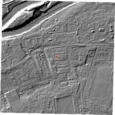 Shaded relief map of the ground around KT81SB, computed from Environment Agency LiDAR. The ground here sits at about 9 m above sea level and falls 12 m across the surrounding 800 m. Surface water reaching this point runs off ground lying to the west-south-west, 3.2 m higher.