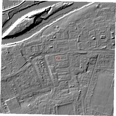 Shaded relief map of the ground around KT81SD, computed from Environment Agency LiDAR. The ground here sits at about 9 m above sea level and falls 12 m across the surrounding 800 m. Surface water reaching this point runs off ground lying to the west-south-west, 3.2 m higher.