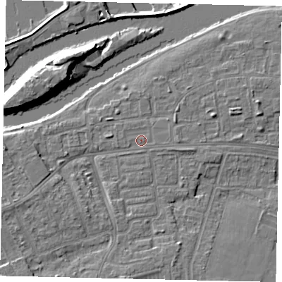 Shaded relief map of the ground around KT81SE, computed from Environment Agency LiDAR. The ground here sits at about 9 m above sea level and falls 14 m across the surrounding 800 m. Surface water reaching this point runs off ground lying to the east, 1.2 m higher.