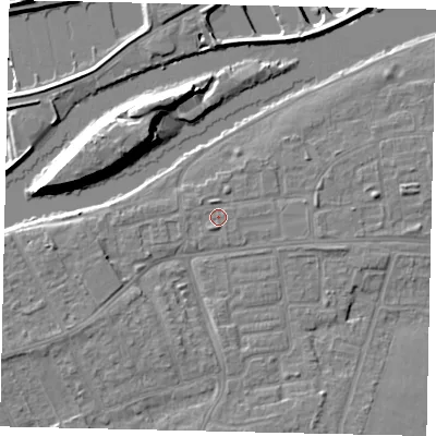 Shaded relief map of the ground around KT81SG, computed from Environment Agency LiDAR. The ground here sits at about 9 m above sea level and falls 14 m across the surrounding 800 m. Surface water reaching this point runs off ground lying to the south-west, 3.2 m higher.