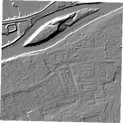 Shaded relief map of the ground around KT81SH, computed from Environment Agency LiDAR. The ground here sits at about 9 m above sea level and falls 13 m across the surrounding 800 m. Surface water reaching this point runs off ground lying to the south-west, 3.2 m higher.