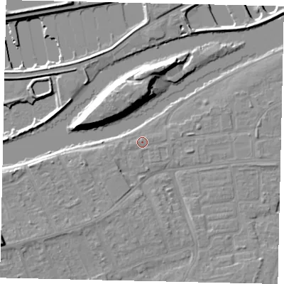 Shaded relief map of the ground around KT81SJ, computed from Environment Agency LiDAR. The ground here sits at about 9 m above sea level and falls 15 m across the surrounding 800 m. Surface water reaching this point runs off ground lying to the south-south-west, 3.2 m higher.