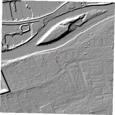 Shaded relief map of the ground around KT81SL, computed from Environment Agency LiDAR. The ground here sits at about 9 m above sea level and falls 13 m across the surrounding 800 m. Surface water reaching this point runs off ground lying to the south-south-west, 1.9 m higher.