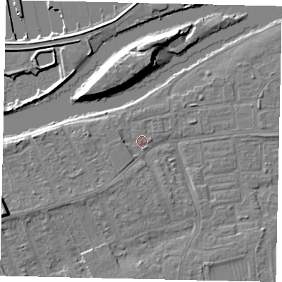 Shaded relief map of the ground around KT81SN, computed from Environment Agency LiDAR. The ground here sits at about 9 m above sea level and falls 13 m across the surrounding 800 m. Surface water reaching this point runs off ground lying to the south-west, 3.2 m higher.