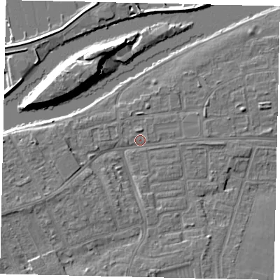 Shaded relief map of the ground around KT81SQ, computed from Environment Agency LiDAR. The ground here sits at about 9 m above sea level and falls 13 m across the surrounding 800 m. Surface water reaching this point runs off ground lying to the west-south-west, 3.2 m higher.