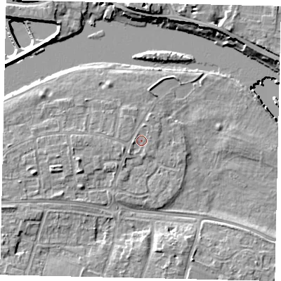 Shaded relief map of the ground around KT81ST, computed from Environment Agency LiDAR. The ground here sits at about 9 m above sea level and falls 11 m across the surrounding 800 m. Surface water reaching this point runs off ground lying to the south-west, 1.0 m higher.