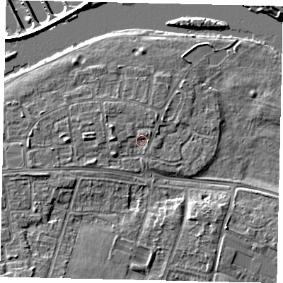 Shaded relief map of the ground around KT81SU, computed from Environment Agency LiDAR. The ground here sits at about 9 m above sea level and falls 9 m across the surrounding 800 m. Surface water reaching this point runs off ground lying to the west-north-west, 2.1 m higher.