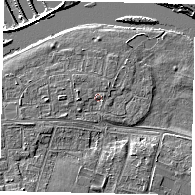 Shaded relief map of the ground around KT81SX, computed from Environment Agency LiDAR. The ground here sits at about 10 m above sea level and falls 9 m across the surrounding 800 m. Surface water reaching this point runs off ground lying to the west-north-west, 2.0 m higher.