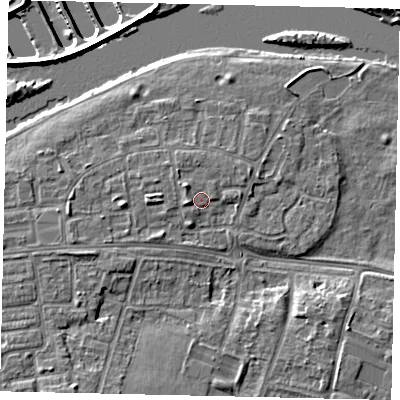 Shaded relief map of the ground around KT81SZ, computed from Environment Agency LiDAR. The ground here sits at about 9 m above sea level and falls 9 m across the surrounding 800 m. Surface water reaching this point runs off ground lying to the north-west, 1.6 m higher.