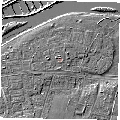 Shaded relief map of the ground around KT81TB, computed from Environment Agency LiDAR. The ground here sits at about 9 m above sea level and falls 9 m across the surrounding 800 m. Surface water reaching this point runs off ground lying to the north-west, 1.3 m higher.