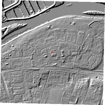 Shaded relief map of the ground around KT81TD, computed from Environment Agency LiDAR. The ground here sits at about 9 m above sea level and falls 11 m across the surrounding 800 m. Surface water reaching this point runs off ground lying to the south-south-east, 1.1 m higher.