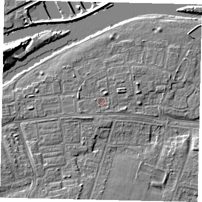 Shaded relief map of the ground around KT81TE, computed from Environment Agency LiDAR. The ground here sits at about 9 m above sea level and falls 12 m across the surrounding 800 m. Surface water reaching this point runs off ground lying to the north-north-east, 1.7 m higher.