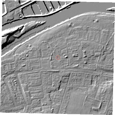 Shaded relief map of the ground around KT81TF, computed from Environment Agency LiDAR. The ground here sits at about 9 m above sea level and falls 13 m across the surrounding 800 m. Surface water reaching this point runs off ground lying to the east, 1.5 m higher.