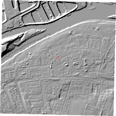 Shaded relief map of the ground around KT81TG, computed from Environment Agency LiDAR. The ground here sits at about 9 m above sea level and falls 14 m across the surrounding 800 m. Surface water reaching this point runs off ground lying to the south-west, 1.2 m higher.