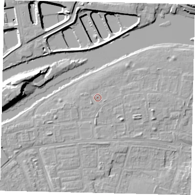 Shaded relief map of the ground around KT81TH, computed from Environment Agency LiDAR. The ground here sits at about 9 m above sea level and falls 15 m across the surrounding 800 m. Surface water reaching this point runs off ground lying to the south-west, 1.1 m higher.