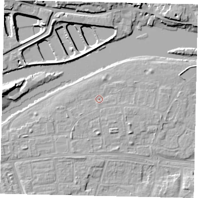 Shaded relief map of the ground around KT81TJ, computed from Environment Agency LiDAR. The ground here sits at about 9 m above sea level and falls 12 m across the surrounding 800 m. Surface water reaching this point runs off ground lying to the south-east, 1.6 m higher.
