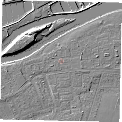 Shaded relief map of the ground around KT81TL, computed from Environment Agency LiDAR. The ground here sits at about 9 m above sea level and falls 15 m across the surrounding 800 m. Surface water reaching this point runs off ground lying to the west-north-west, 1.0 m higher.