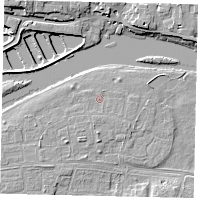 Shaded relief map of the ground around KT81TN, computed from Environment Agency LiDAR. The ground here sits at about 9 m above sea level and falls 13 m across the surrounding 800 m. Surface water reaching this point runs off ground lying to the south, 1.3 m higher.