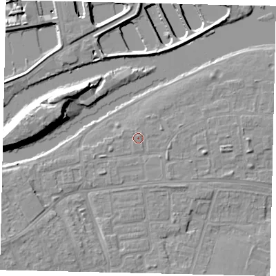 Shaded relief map of the ground around KT81TP, computed from Environment Agency LiDAR. The ground here sits at about 9 m above sea level and falls 15 m across the surrounding 800 m. Surface water reaching this point runs off ground lying to the north-east, 0.9 m higher.