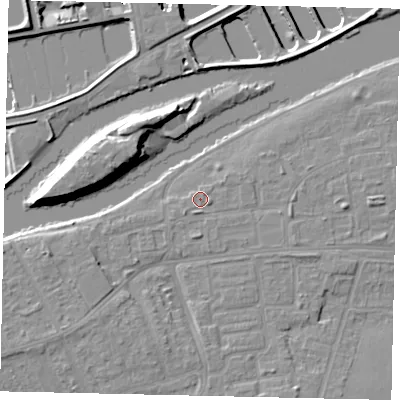 Shaded relief map of the ground around KT81TQ, computed from Environment Agency LiDAR. The ground here sits at about 9 m above sea level and falls 15 m across the surrounding 800 m. Surface water reaching this point runs off ground lying to the south-south-west, 1.0 m higher.