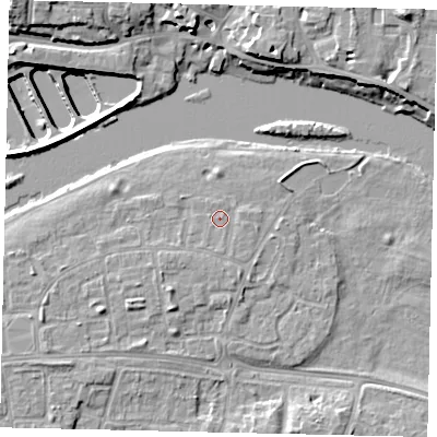 Shaded relief map of the ground around KT81TW, computed from Environment Agency LiDAR. The ground here sits at about 9 m above sea level and falls 13 m across the surrounding 800 m. Surface water reaching this point runs off ground lying to the south, 1.1 m higher.