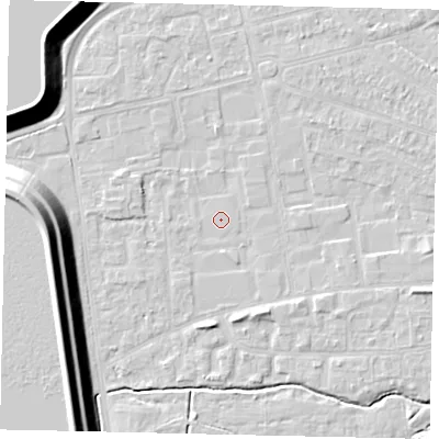 Shaded relief map of the ground around KT82AB, computed from Environment Agency LiDAR. The ground here sits at about 10 m above sea level and falls 17 m across the surrounding 800 m. Surface water reaching this point runs off ground lying to the west-south-west, 16.0 m higher.