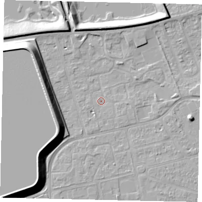 Shaded relief map of the ground around KT82AS, computed from Environment Agency LiDAR. The ground here sits at about 10 m above sea level and falls 14 m across the surrounding 800 m. Surface water reaching this point runs off ground lying to the south-south-west, 1.3 m higher.