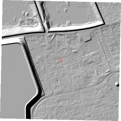 Shaded relief map of the ground around KT82AT, computed from Environment Agency LiDAR. The ground here sits at about 9 m above sea level and falls 14 m across the surrounding 800 m. Surface water reaching this point runs off ground lying to the west-south-west, 12.2 m higher.
