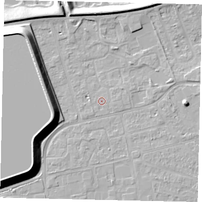 Shaded relief map of the ground around KT82AX, computed from Environment Agency LiDAR. The ground here sits at about 10 m above sea level and falls 14 m across the surrounding 800 m. Surface water reaching this point runs off ground lying to the south-west, 0.8 m higher.