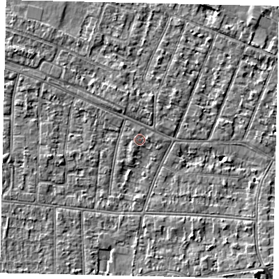Shaded relief map of the ground around KT82BB, computed from Environment Agency LiDAR. The ground here sits at about 10 m above sea level and falls 5 m across the surrounding 800 m. Surface water reaching this point runs off ground lying to the east-north-east, 0.6 m higher.
