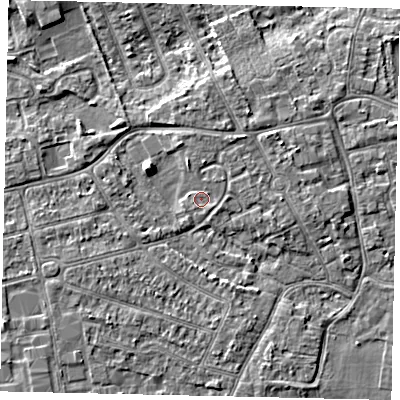 Shaded relief map of the ground around KT82EB, computed from Environment Agency LiDAR. The ground here sits at about 10 m above sea level and falls 5 m across the surrounding 800 m. Surface water reaching this point runs off ground lying to the north-east, 1.0 m higher.