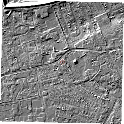 Shaded relief map of the ground around KT82EG, computed from Environment Agency LiDAR. The ground here sits at about 10 m above sea level and falls 8 m across the surrounding 800 m. Surface water reaching this point runs off ground lying to the east, 4.0 m higher.