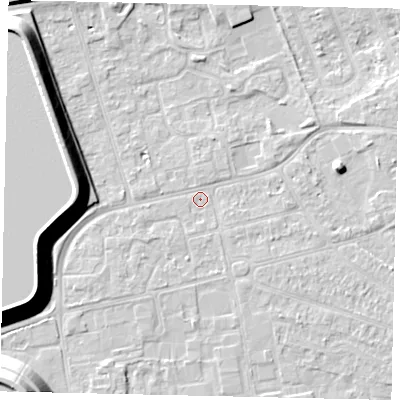 Shaded relief map of the ground around KT82EH, computed from Environment Agency LiDAR. The ground here sits at about 10 m above sea level and falls 18 m across the surrounding 800 m. Surface water reaching this point runs off ground lying to the south-west, 16.1 m higher.