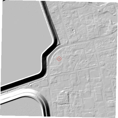 Shaded relief map of the ground around KT82EL, computed from Environment Agency LiDAR. The ground here sits at about 11 m above sea level and falls 17 m across the surrounding 800 m. Surface water reaching this point runs off ground lying to the south, 0.7 m higher.