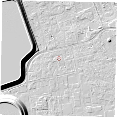 Shaded relief map of the ground around KT82EN, computed from Environment Agency LiDAR. The ground here sits at about 10 m above sea level and falls 18 m across the surrounding 800 m. Surface water reaching this point runs off ground lying to the west-south-west, 1.1 m higher.