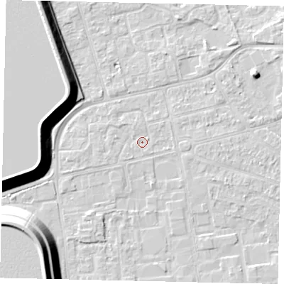 Shaded relief map of the ground around KT82EP, computed from Environment Agency LiDAR. The ground here sits at about 10 m above sea level and falls 17 m across the surrounding 800 m. Surface water reaching this point runs off ground lying to the west-south-west, 1.2 m higher.