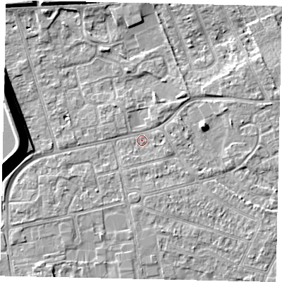 Shaded relief map of the ground around KT82EQ, computed from Environment Agency LiDAR. The ground here sits at about 10 m above sea level and falls 13 m across the surrounding 800 m. Surface water reaching this point runs off ground lying to the south-west, 2.1 m higher.