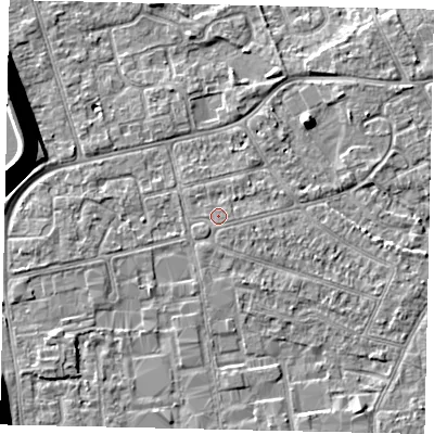 Shaded relief map of the ground around KT82ES, computed from Environment Agency LiDAR. The ground here sits at about 11 m above sea level and falls 13 m across the surrounding 800 m. The ground contributing surface water to this point lies to the south-east.