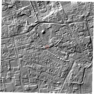 Shaded relief map of the ground around KT82EU, computed from Environment Agency LiDAR. The ground here sits at about 10 m above sea level and falls 5 m across the surrounding 800 m. Surface water reaching this point runs off ground lying to the north-north-west, 4.2 m higher.