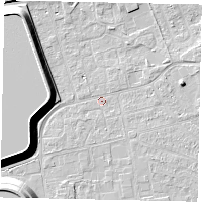 Shaded relief map of the ground around KT82EW, computed from Environment Agency LiDAR. The ground here sits at about 10 m above sea level and falls 18 m across the surrounding 800 m. Surface water reaching this point runs off ground lying to the south-west, 15.9 m higher.