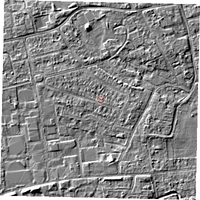Shaded relief map of the ground around KT82EX, computed from Environment Agency LiDAR. The ground here sits at about 10 m above sea level and falls 4 m across the surrounding 800 m. Surface water reaching this point runs off ground lying to the west, 1.1 m higher.