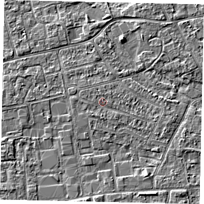 Shaded relief map of the ground around KT82EY, computed from Environment Agency LiDAR. The ground here sits at about 10 m above sea level and falls 4 m across the surrounding 800 m. Surface water reaching this point runs off ground lying to the south-west, 1.0 m higher.