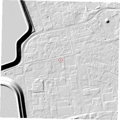 Shaded relief map of the ground around KT82FF, computed from Environment Agency LiDAR. The ground here sits at about 11 m above sea level and falls 17 m across the surrounding 800 m. The ground contributing surface water to this point lies to the south.