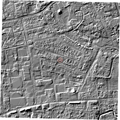 Shaded relief map of the ground around KT82HA, computed from Environment Agency LiDAR. The ground here sits at about 10 m above sea level and falls 4 m across the surrounding 800 m. Surface water reaching this point runs off ground lying to the west, 1.0 m higher.