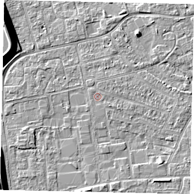 Shaded relief map of the ground around KT82HB, computed from Environment Agency LiDAR. The ground here sits at about 10 m above sea level and falls 13 m across the surrounding 800 m. The ground contributing surface water to this point lies to the east-north-east.