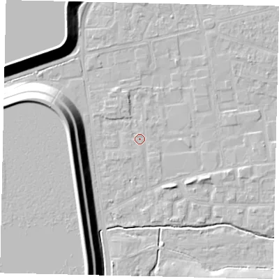 Shaded relief map of the ground around KT82HD, computed from Environment Agency LiDAR. The ground here sits at about 11 m above sea level and falls 17 m across the surrounding 800 m. Surface water reaching this point runs off ground lying to the south-south-west, 1.2 m higher.