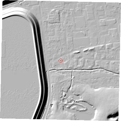Shaded relief map of the ground around KT82HE, computed from Environment Agency LiDAR. The ground here sits at about 11 m above sea level and falls 17 m across the surrounding 800 m. Surface water reaching this point runs off ground lying to the south, 1.2 m higher.