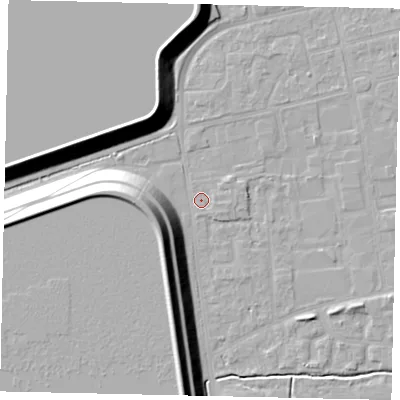Shaded relief map of the ground around KT82HF, computed from Environment Agency LiDAR. The ground here sits at about 11 m above sea level and falls 17 m across the surrounding 800 m. Surface water reaching this point runs off ground lying to the west-south-west, 15.2 m higher.