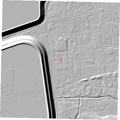 Shaded relief map of the ground around KT82HG, computed from Environment Agency LiDAR. The ground here sits at about 11 m above sea level and falls 17 m across the surrounding 800 m. Surface water reaching this point runs off ground lying to the south-west, 15.6 m higher.