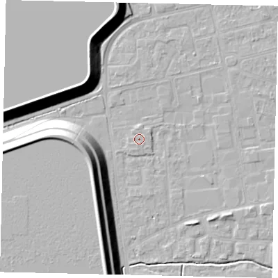 Shaded relief map of the ground around KT82HL, computed from Environment Agency LiDAR. The ground here sits at about 11 m above sea level and falls 17 m across the surrounding 800 m. Surface water reaching this point runs off ground lying to the south, 0.8 m higher.